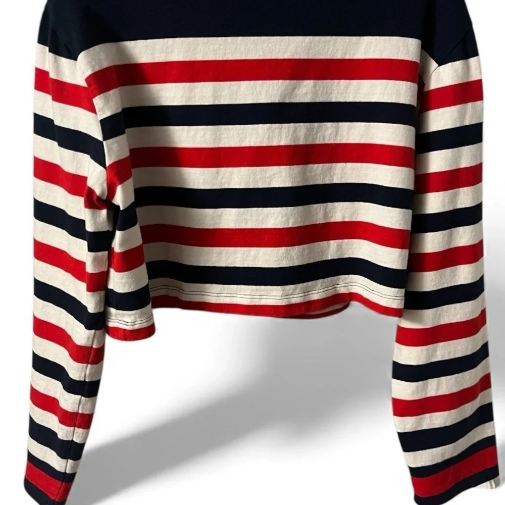 Coastal Preppy Patriotic Red White Blue Nautical Stripe Crop Top Fisherman Large